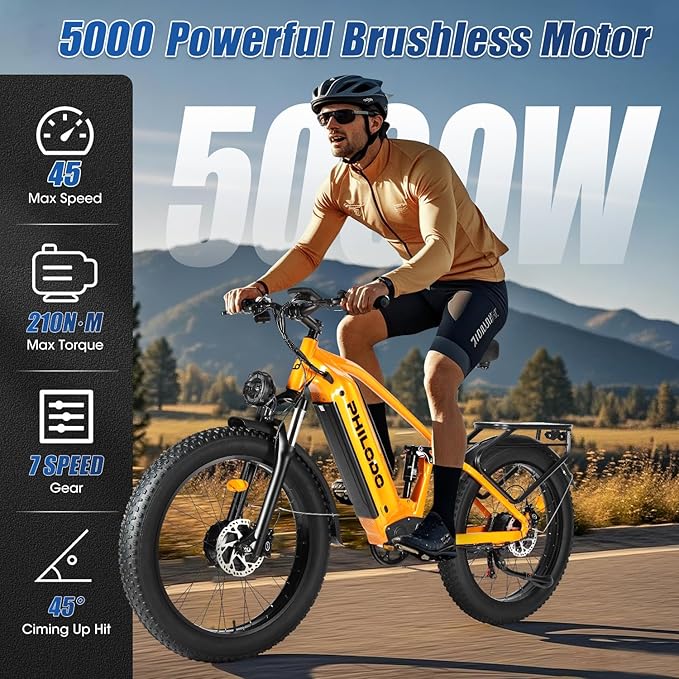 PHILODO Electric-Bike for Adults, Dual-Motor-Ebike Hunting-Ebike 5000W, 60V 32AH Long Range Dirtbike, Fat-Tire-Electric-Bicycle, Full Suspension for Off-Road Snow Sand