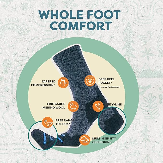 FITS Light Cushion Crew Socks, Sweat & Odor Resistant, Temperature Regulating Merino Wool Hiking Socks