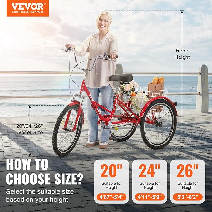 VEVOR Folding Adult Tricycle,Adult Folding Trikes, 3 Wheel Cruiser Bike with Large Basket & Adjustable Seat, Shopping Picnic Foldable Tricycles for Women, Men, Seniors