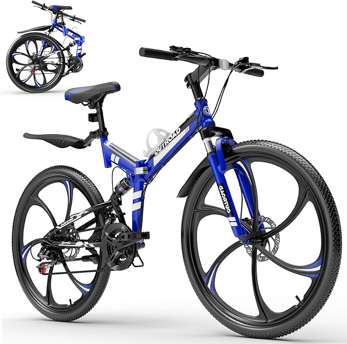 26 inch Folding Mountain Bike, Carbon Steel Frame and 21 Speed, Double Disc Brake and Dual Suspension Folding Bike for Adults/Men/Women, Easy Assembly Bicycle