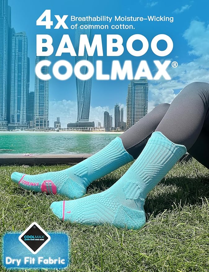 Womens Coolmax Bamboo Viscose Compression Running Crew Socks, Moisture-Wicking Anti-Blister Hiking&Gym Athletic