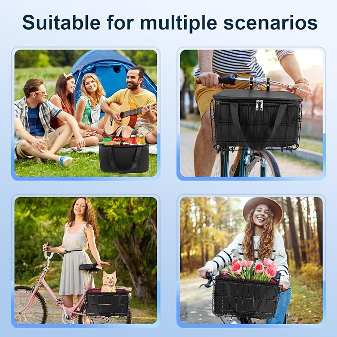 Riian Bike Basket Front/Rear, Thickened Shockproof Foldable Bicycle Basket with Waterproof Bag, Quick Release Design, Metal Bicycle Frame Basket for Adult Women Men