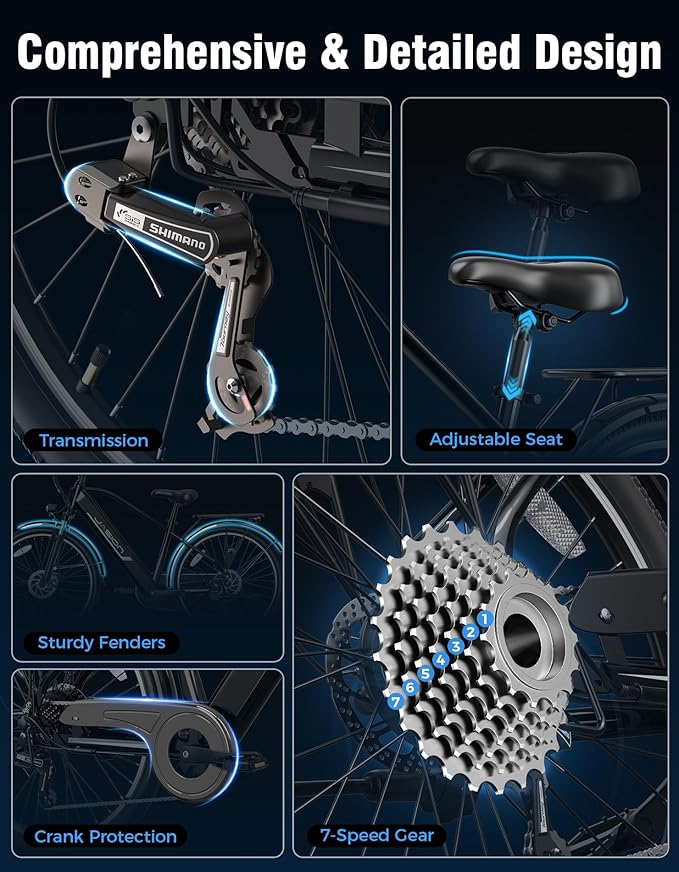 Jasion Roamer Electric Bike, 28MPH Max Speed & 60Miles Range, 1200W Peak Motor, 528WH Removable Battery Ebike, 26'' Commuter Adult E-bike, 7-Speed & Front Suspension Bicycle, Certified by UL2849,Black