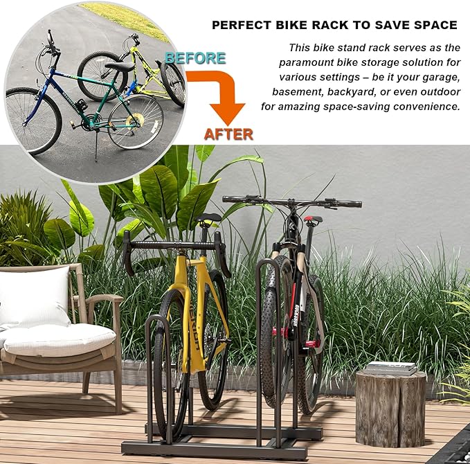 CXWXC 3/5 Bikes Stand Rack - Bike Storage Parking Racks Indoor/Outdoor - Bicycle Stand Garage for Parking Mountain Road Hybrid Bike, Fits Wheels up to 2.4" (on floor for 2 bikes)