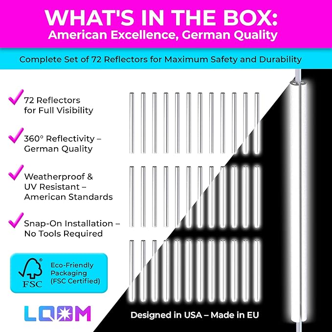 LOOM® Bike Spoke Reflectors Gift Set | 72 Pcs | Premium 8cm Reflective Clips for Bicycles - 360° High Visibility Wheel Spoke Skins - Night Safety Accessories for MTB Road Bike E-Scooters & Kids