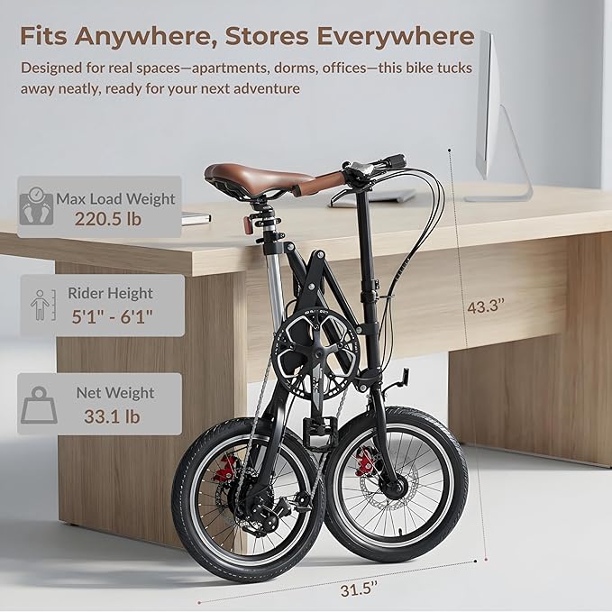 16 Inch Folding Bike for Adults, 1-Second Quick Fold Technology, Lightweight 33lbs Commuter Bicycle, 95% Pre-Assembled, 7-Speed Gears, Space Saving Foldable Bike for City Travel