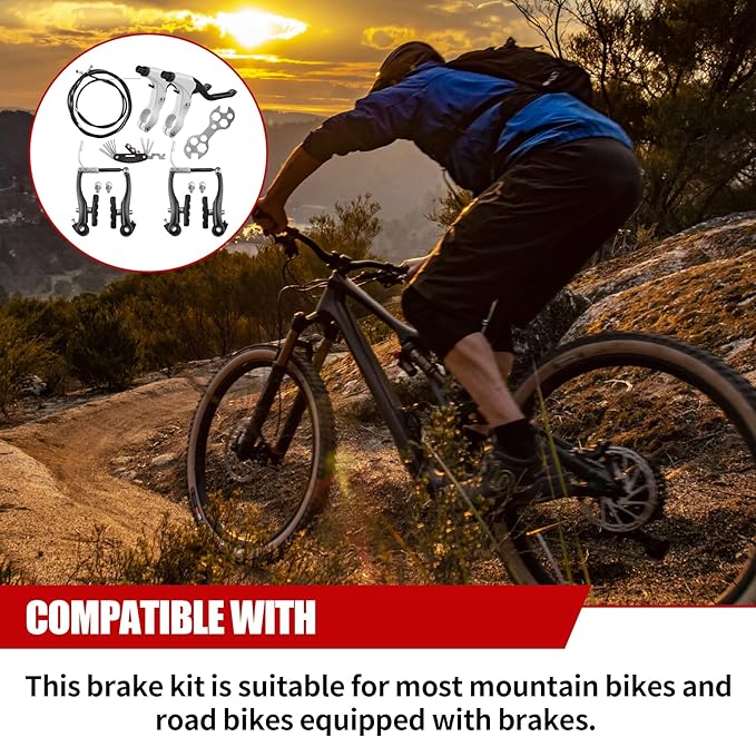 Complete Bike Brakes Set，Inner and Outer Callipers Cables Lever Kit ，Universal Bike Front and Rear MTB Brake with Multi-Tool Wrenches Black White