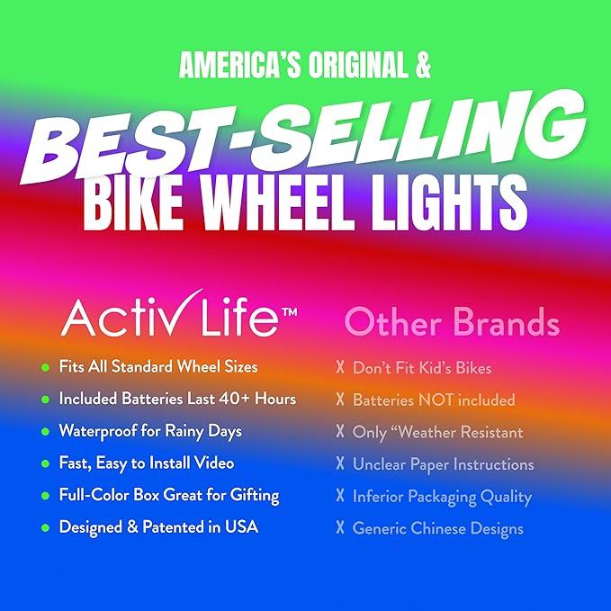 Activ Life 2-Tire Pack LED Bike Wheel Lights with Batteries Included, Get 100% Brighter and Visible from All Angles for Ultimate Safety and Style