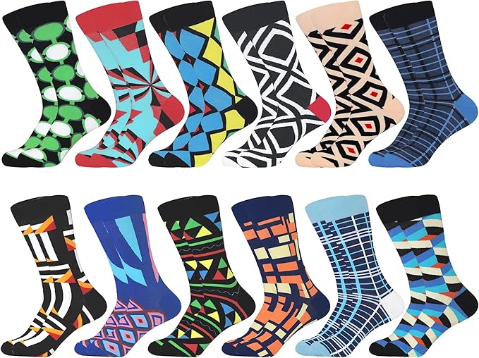 WeciBor Men's Dress Funny Crazy Colorful Novelty Combed Cotton Crew Socks 12 Pack - Size 7-10/10-13/13-15