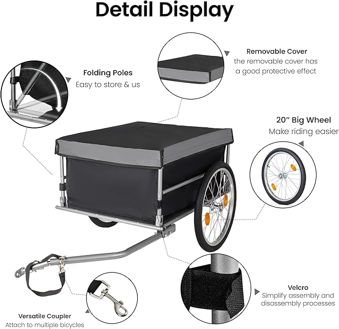Aluminum Bicycle Trailer, Foldable Bike Cargo Trailer with Universal Hitch, 20'' Wheels, Removable Cover, Folding Frame Quick Release, Ebike Trailers for Camping, Groceries, 120 LBS Capacity, Black