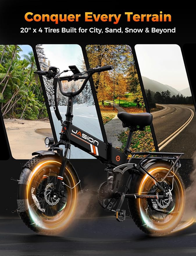 Jasion X Hunter/PRO Electric Bike for Adults,1800W/1400W Peak 20''Fat Tire Foldable Ebike,Folding E Bike Up to 80/70 Miles Range,720/624WH Removable Battery,30 MPH E Bike,Certified by UL2849