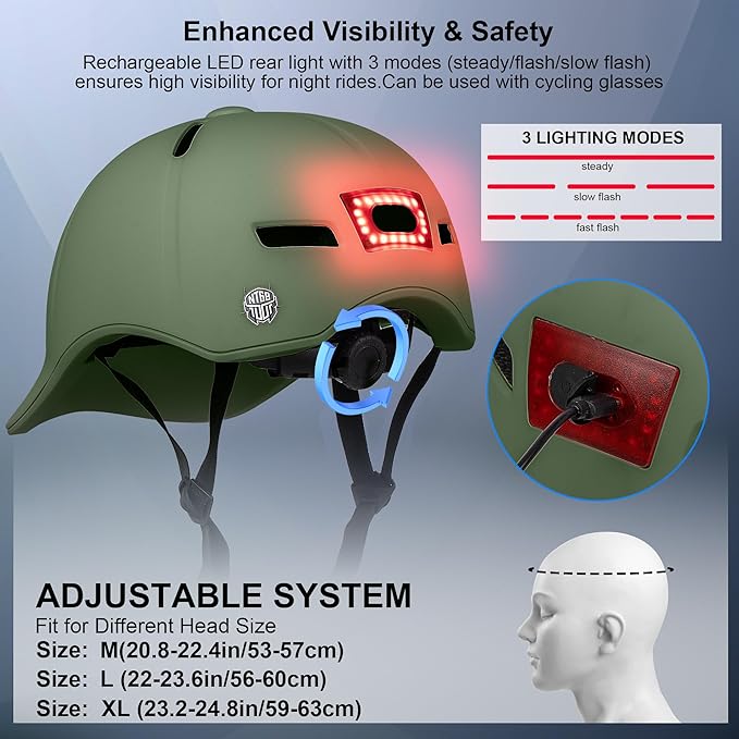 Bike Helmet Adult Men/Women-USB Rechargeable Rear Light CPSC/ASTM Certified 2 Removable Liners Adjustable Lightweight Baseball Cap Style for Youth Road&Mountain Biking Skating Scooter