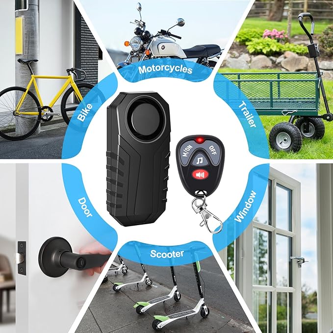 Bike Alarm Wireless Vibration Motion Sensor, Bike Alarm with Remote, Anti Theft for Electric Bike Motorcycle Golf Car Trailer Mailbox 113dB Loud IP65 Waterproof
