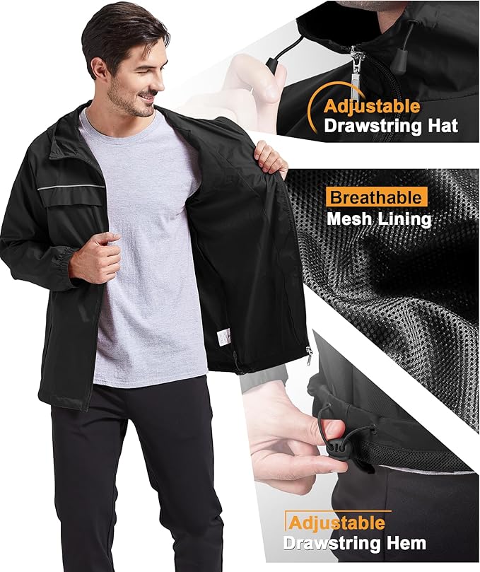 GEEK LIGHTING Rain Jacket Men Lightweight Waterproof Jackets Packable Windbreaker Hooded Raincoat for Golf Cycling Outdoor