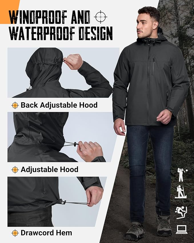 33,000ft Men's Packable Rain Jacket Lightweight Rain Shell Jacket with Hood Waterproof Raincoat for Cycling