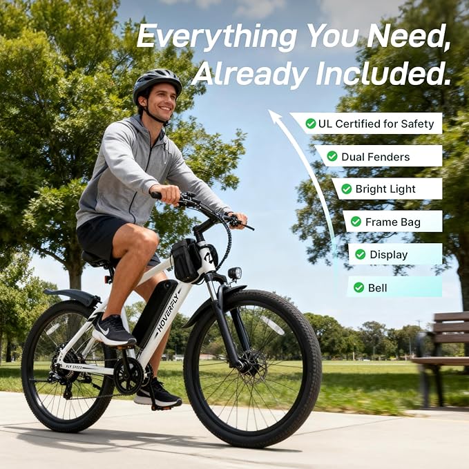 HOVERFLY OUREA 26" Electric Bike for Adults, 750W Peak Motor Mountain Ebike, 20MPH Up to 40 Miles, UL2849 Certified, 7-Speed, Removable Battery, Shock Absorber, Fat Tire Commuter E-Bike
