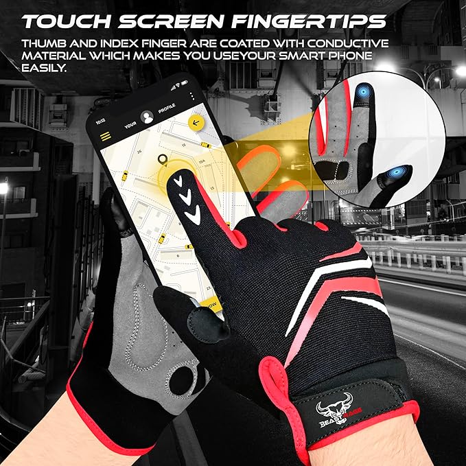 BEAST RAGE Full Finger Cycling Gloves with Padding for Men Women, Anti-Slip, Shock Absorbing, Breathable, Touchscreen Mountain Bike Gloves for BMX, MTB Riding, Road Racing, Bicycle