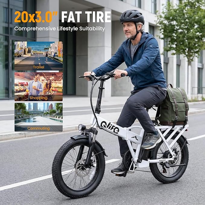 Qlife Hunter Foldable Electric Bike for Adults, Peak 1200W Ebike with 48V 13.5Ah Battery, 65-Mile Range, Heavy-Duty Rear Rack, 20-Inch Fat Tires, Folding E Bike for Commuting & Outdoor Use