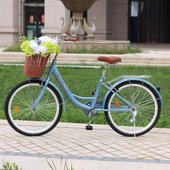 24/26 Inch Adult Comfort Bike for Women, Women Commuter Bicycle Single Speed with Rear Rack and Basket, Comfortable City Bikes Ergonomic Upright Design for Women, Men and Teens