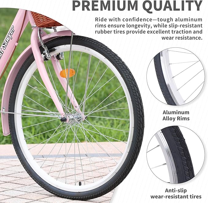 24/26 Inch Adult Comfort Bike for Women, Women Commuter Bicycle Single Speed with Rear Rack and Basket, Comfortable City Bikes Ergonomic Upright Design for Women, Men and Teens