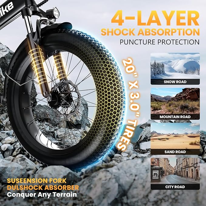 Auloor Folding Electric Bike for Adults,1000W Motor(1000W Peak),30MPH, 80Mile,48V 20AH Battery,20" Fat Tire Foldable Electric Bicycle,Commuter Beach Snow E-Bikes,7-Speed