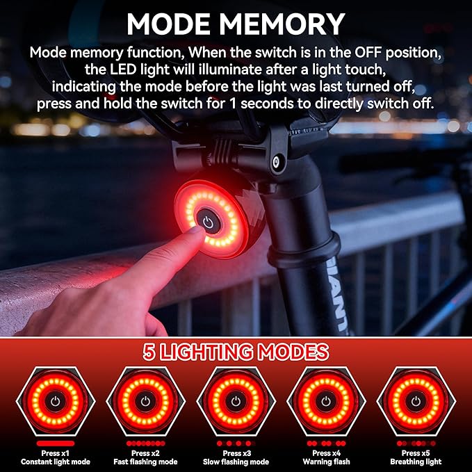 Bike Tail Light with Tracker, GPS Tracker(Work with Apple Find My,iOS Only),Type C USB Rechargeable 5 Light Modes, IPX6 Waterproof,Bicycle Taillight Road Mountain Night Riding Cycling Safety Flash