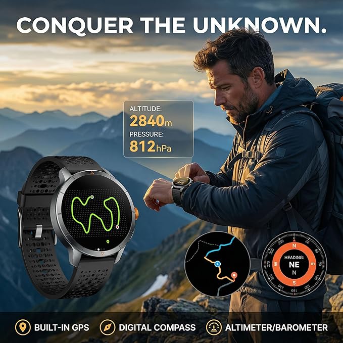 Rugged Smart Watch for Men with Built-in GPS, 1.6" AMOLED, 5ATM Waterproof Tactical Watch with Altimeter Barometer Compass, Bluetooth Calls, Outdoor Fitness Tracker for Android & iPhone - Black