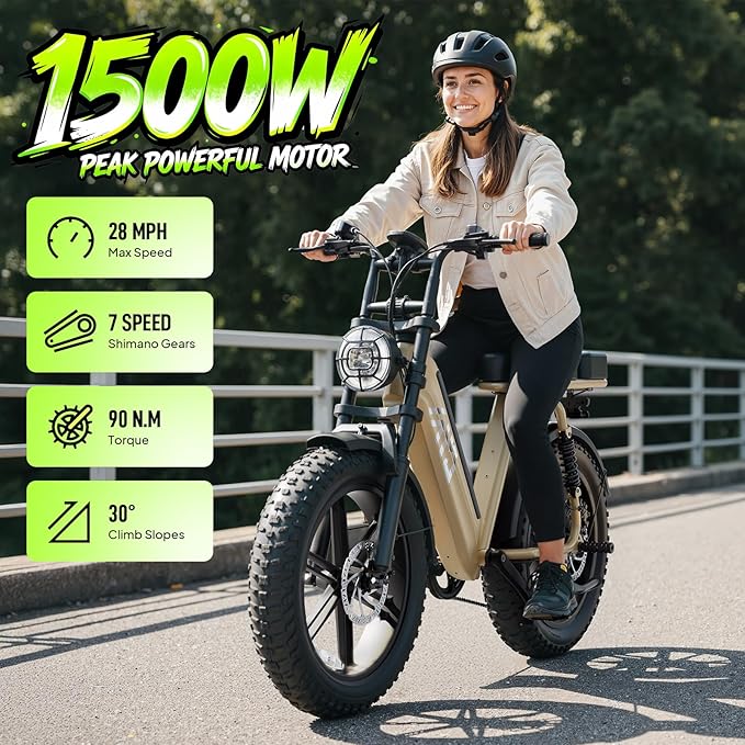 TST Electric Bike for Adults, 1500W Peak Motor Ebike with 48V 15Ah Built-in Battery, 60 Miles Range 28 MPH Electric Bike, 20" Fat Tire E Bike with 7 Speed
