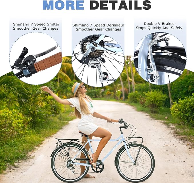 Vintage Style 26 Inch Adult Cruiser Bicycle Hybrid Bike 7 Speeds Commuter Bike for Women, Men, Seniors, SHMANO Shifter and derailleur Step-Over Steel Frame,Double Cargo Rack，4 Colors