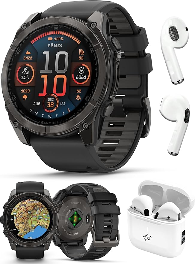 PlayBetter Garmin Fenix 8 AMOLED Sapphire (51mm, Carbon Gray DLC Titanium) Multisport GPS Smartwatch Bundle - 1.4” Touchscreen, Built-in LED Flashlight Wireless Running Earbuds