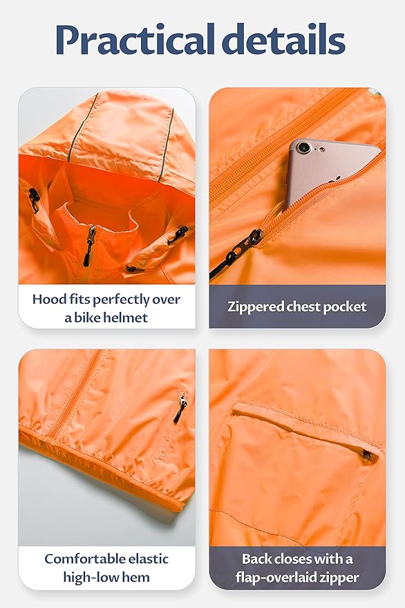 CREATMO US Men's Packable Waterproof Running Rain Coats Reflective Cycling Jacket Windbreaker With Removable Hood
