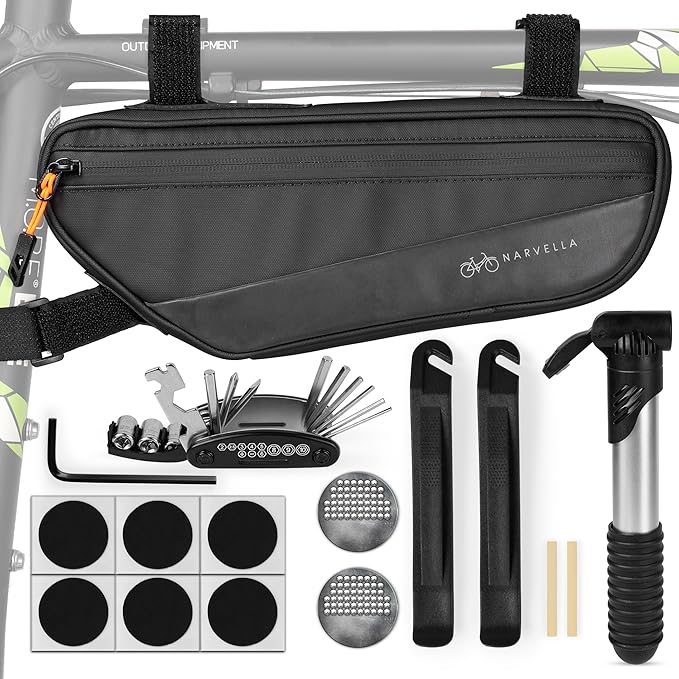 1.8L Bike Bicycle Frame Storage Bag with Tire pump & Bike Repair Kit – Waterproof Triangle Cycling Pouch with Pockets for Wallet, Phone, Tools, Keys for Adult Bikes, Mountain Bike, MTB