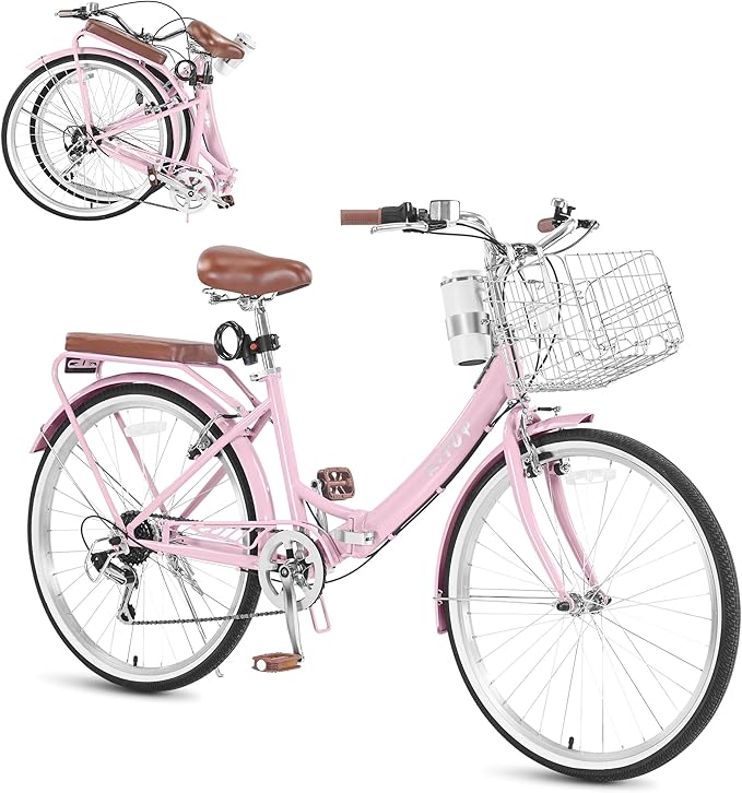 24/26 Inch Foldable Beach Cruiser Bike for Womens, 7 Speed Womens Bike with Basket and Coffee Cup, Commuting Bicycles for Women, Lightweight Complete Cruiser Bikes Bicycle for Ladies Adults