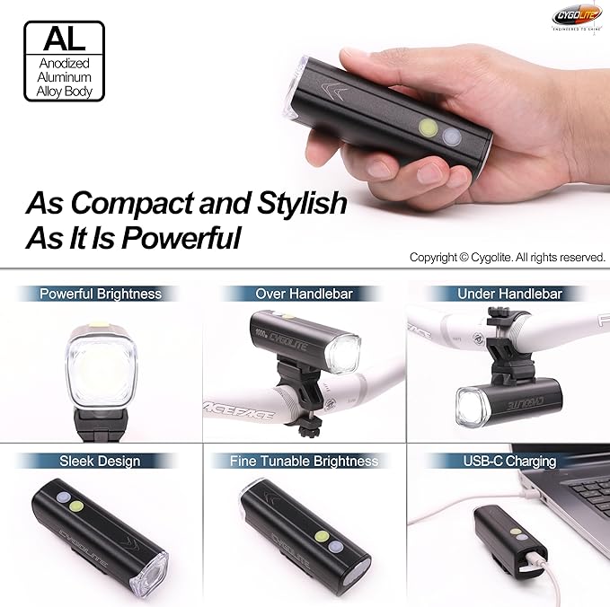 Cygolite Velocity 1600, 1200, 1000, 800 Lumen USB-C Bike Lights – Anodized Aluminum Alloy – 9 Light Modes – Fine Tunable Brightness - Compact, IP67 Waterproof – Hard Mount – Road & Mountain