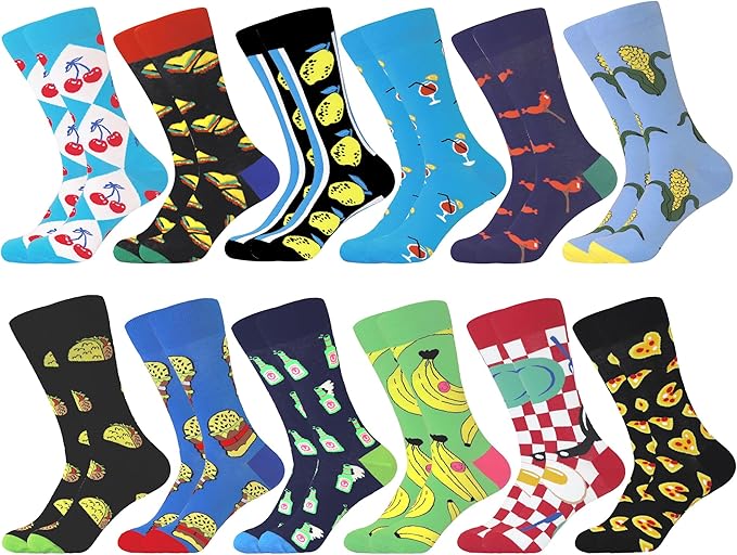 WeciBor Men's Dress Funny Crazy Colorful Novelty Combed Cotton Crew Socks 12 Pack - Size 7-10/10-13/13-15