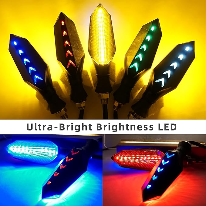 Motorcycle Led Turn Signal Lights, Universal Front Rear DC12V Flowing Blinkers Flasher Indicator Light For Electric Motorcycles Motorbike Scooter Bicycle E-Bike (Amber/Blue, DC12V)