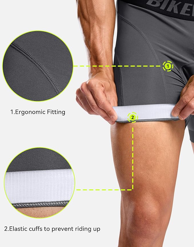 Bikewa Men's Cycling Underwear with Anti-Slip Leg Grips 4D Padded Bike Shorts MTB Liner for Bicycle Biking Riding