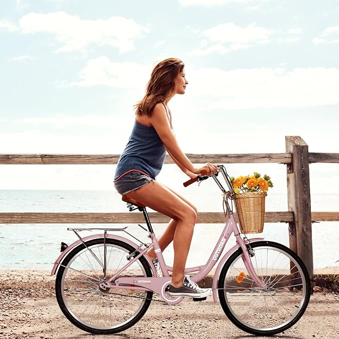 Betterland Beach Cruiser Bike for Women, 24/26 inch Hybrid Bike with Adjustable Seat, Womens Bike with Front Basket and Dual V-Brake, Step Through Comfort Bicycle for City Commuter
