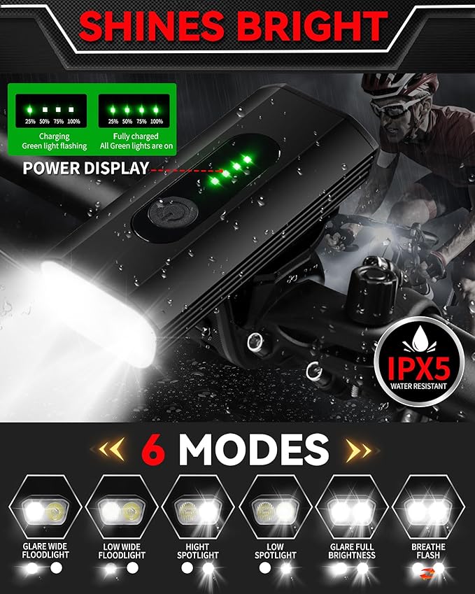 DARKBEAM Bike Headlight Rechargeable USB-C, Bicycle Lights 4000LM Ultra Bright, Mountain Bike Light Set for Night Riding, 6+5 Mode Waterproof Front Bike Light & Rear Light for Road, Cycling