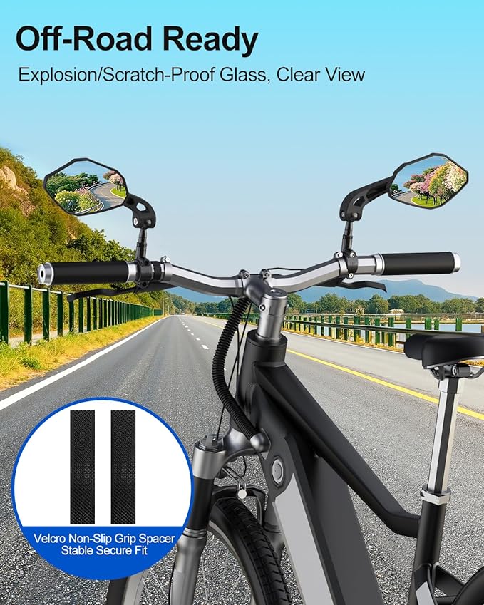 Adjustable Handlebar Bike Mirror- Anti-Slip Pads & Installation Wrench, 360° Rotatable HD Shatterproof Glass Electric Bike Mirrors, Fit for Mountain/E-Bikes/Road Bikes (1 Pair)