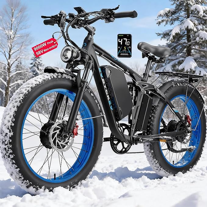 9000W Peak Electric Bike for Adults,58V Max-Output 1972Wh Dual Motor Ebike,47MPH 105Miles Range,24" x4.0 Fat Tire Hydraulic Disc Brake Full Suspension E-Bike for Mountain Snow Commuter