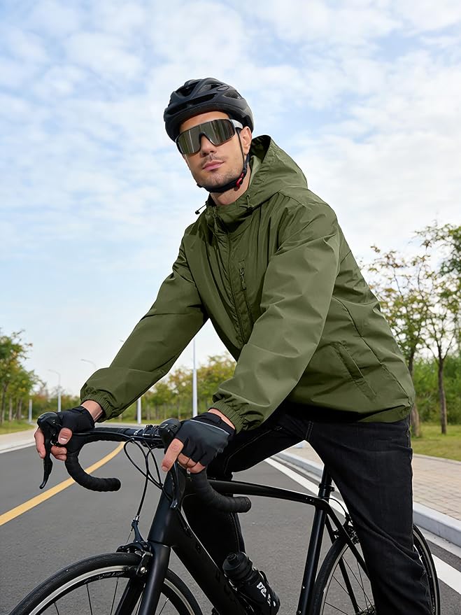 Men's Cycling Jacket Rain Jacket Waterproof Windbreaker Raincoat Running Hiking Gear Hood Lightweight Packable