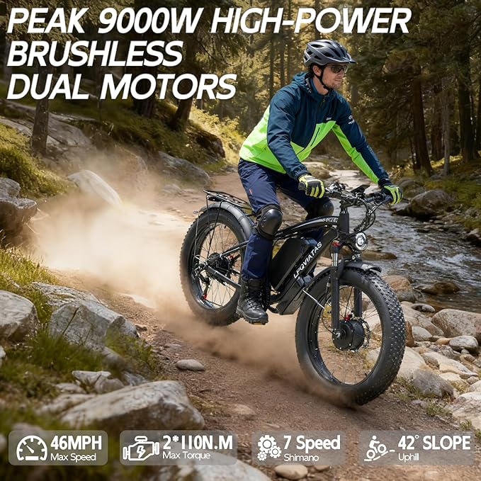 Peak 9000W Dual-Motor-Ebike with 52V 34AH 1768Wh Battery, 42-46MPH 24 Inch Dual-Motor-Electric-Bike for Adults, Up To 105 Miles with Disc Brake Fat Tire Electric Bicycle E Bike Mountain Snow