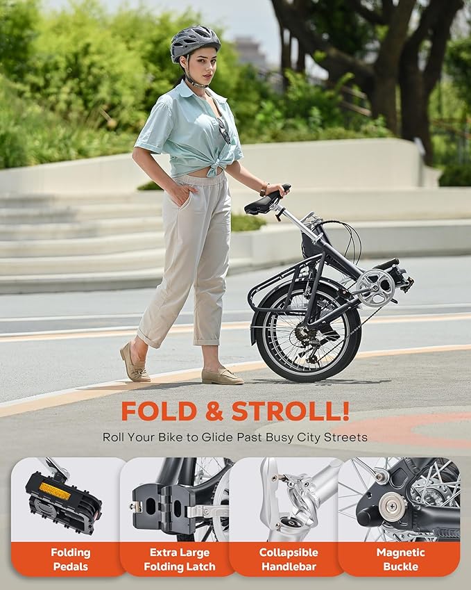 VIRIBUS Folding Bike, 20 inch Lightweight Foldable Bike for Adults 7 Speed with Aluminum Frame, Basket & Rear Rack, Step Through Collapsible Bike for Women Men Seniors City Commuter