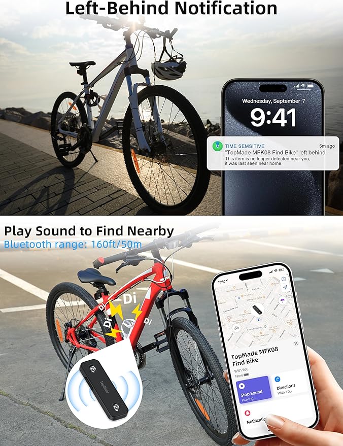 TopMade Bike Tracker, Works with Apple Find My (iOS Only), Global GPS Location on iPhone, iPad, Mac & Apple Watch, Bike Finder, Mount for Bottle Holder, Waterproof, Dustproof, Rechargeable, Black