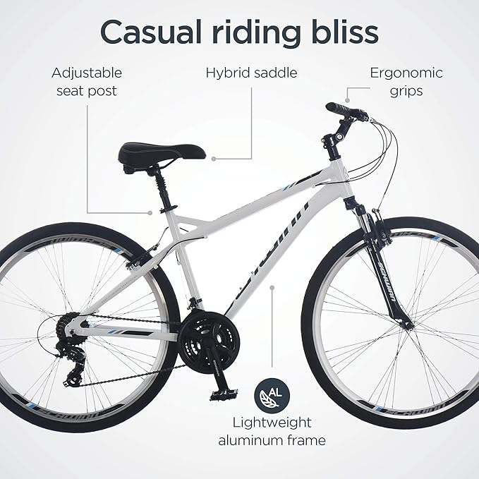 Schwinn Network 3.5 Hybrid Bike, 700c Mens and Womens Bike, 21-Speed Hybrid Bicycle, Aluminum Frame, Suspension Seat, Alloy Linear Pull Brakes, Adult Bicycle