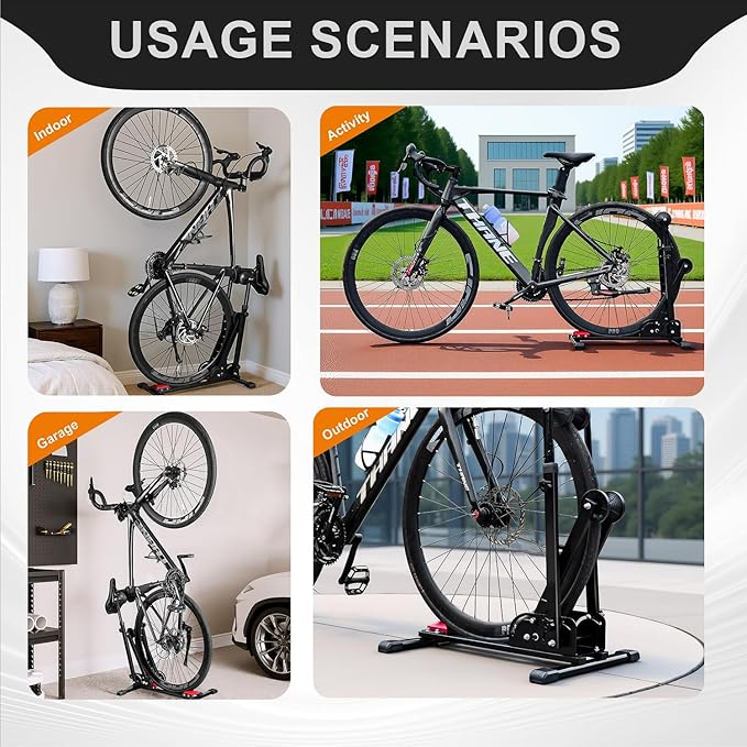 Teraysun 2-in-1 Vertical Bike Stand - Foldable Adjustable Bicycle Rack for Garage & Indoor, Space-Saving Upright Parking, Fits 20"-29" Mountain & Road Bikes, Scratch-Proof Tire Trays Included, Heavy-Duty Bicycle Floor Stand