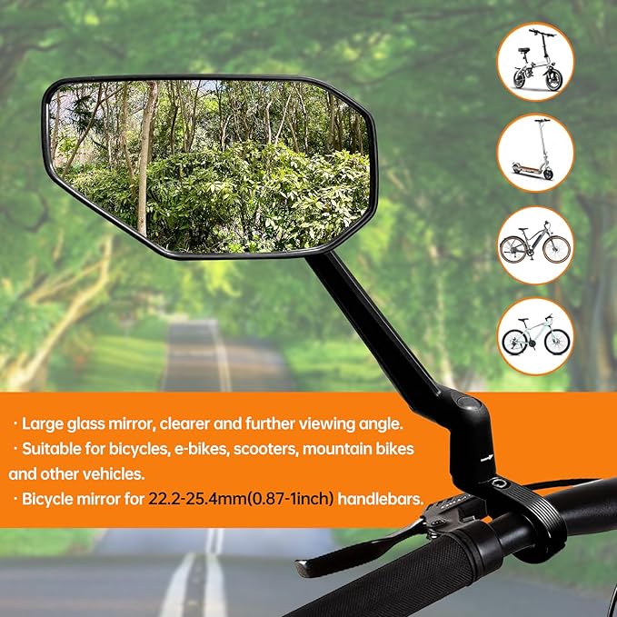 Bike Mirror, New Foldable Bicycle Mirror for Handlebar, 360° Adjustable Bar End Rear View Mirrors for E-bike, Mountain Bike, City Bikes & Scooter (Left 0.87-1")