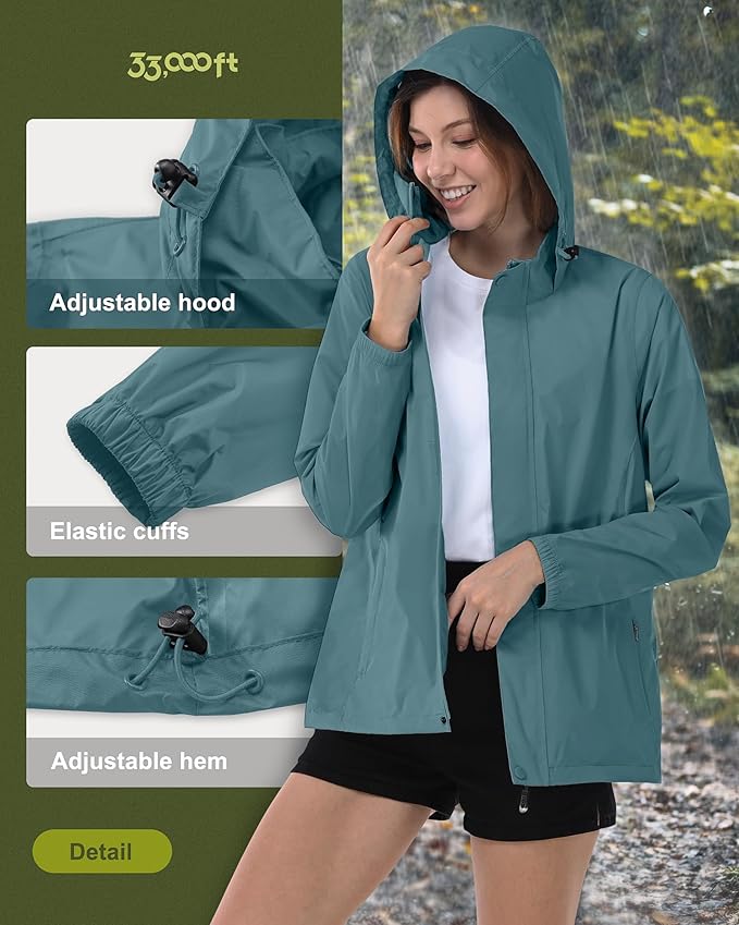 33,000ft Women's Rain Jacket Waterproof Lightweight Packable Raincoat with Hood for Golf Hiking Travel Windbreaker