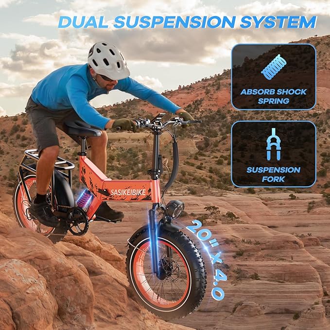1500W Folding Electric Bike for Adults, 52V 20AH Large Removable Battery E Bike, 30+MPH, 80 Miles Max Range, 20" x4.0 Fat Tire Ebike, Dual Suspension Commute Electric Mountain Bicycle